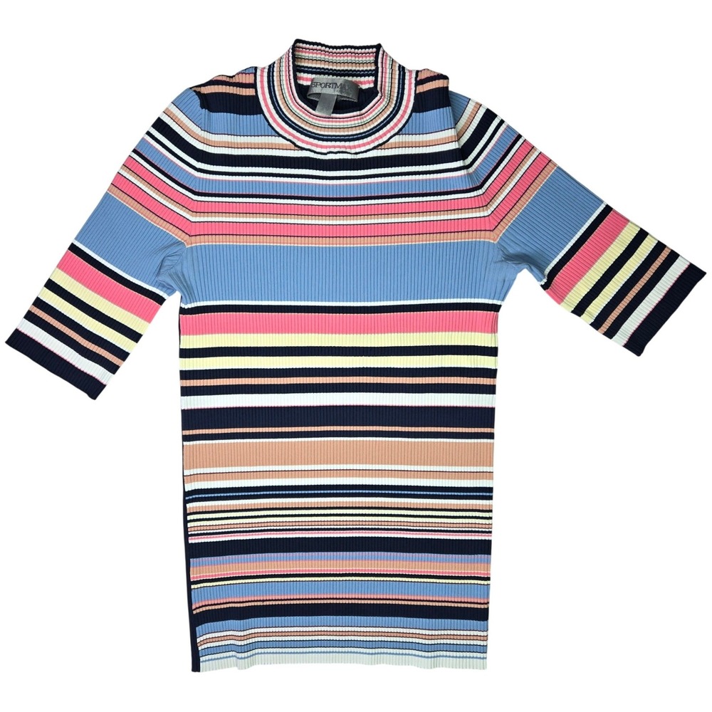 Sportmax Defile Max Mara Multi Color Striped Ribbed Mock Neck Short Sleeve Top